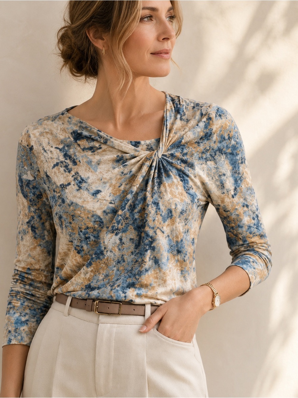 NIC+ZOE Abstract Draped Twist Top Blue Beige Cotton Size M